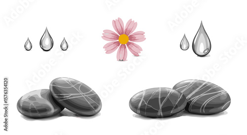 Illustration of raindrops flower and smooth stones with white streaks on a white background art piece