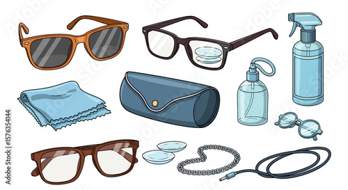 Various eyewear and accessories including glasses, sunglasses, case, cleaner and contact lenses shown