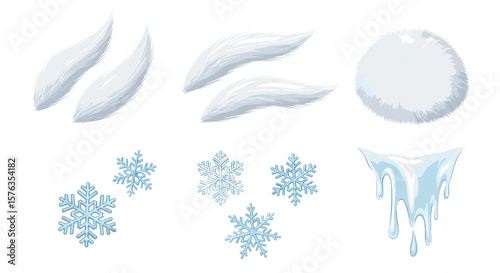 Illustration of fluffy snow piles, a snowball, snowflakes, and melting icicles on a white background