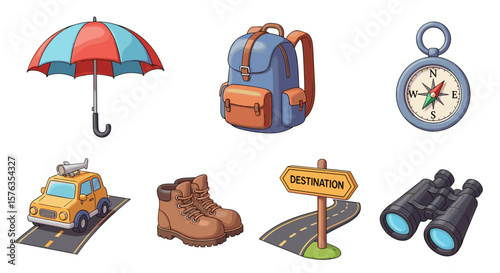 Illustration of travel themed icons including an umbrella backpack compass and other travel essentials items