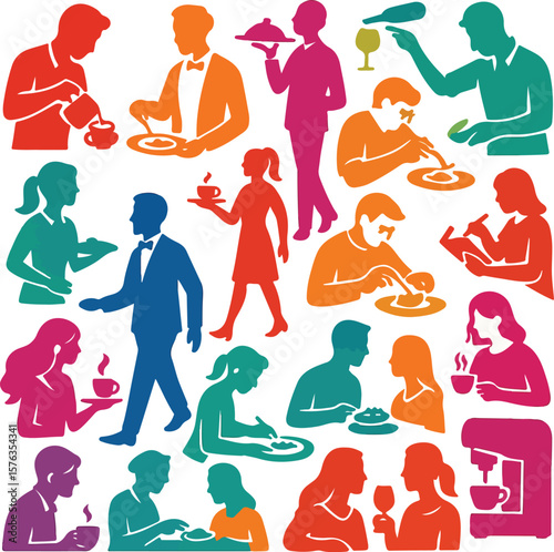 Colorful Restaurant and Dining Silhouette Icon Set — People Eating, Drinking, and Socializing

