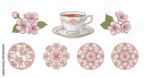 Aesthetic arrangement of a teacup with floral decorations and easter eggs with floral patterns on white