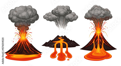 Illustration of three volcanoes erupting with smoke and lava flowing down their sides in vibrant colors