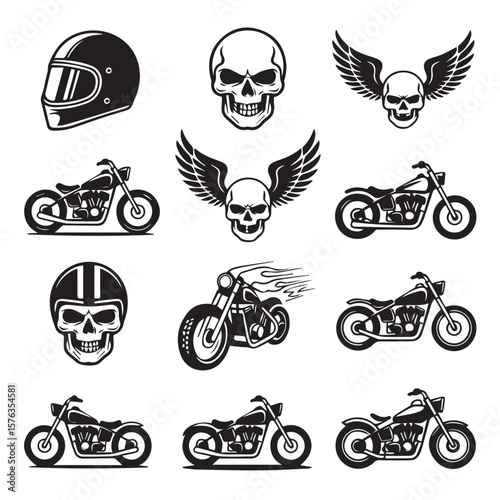 A striking collection of bikerthemed illustrations featuring motorcycles, skulls, helmets, and wings