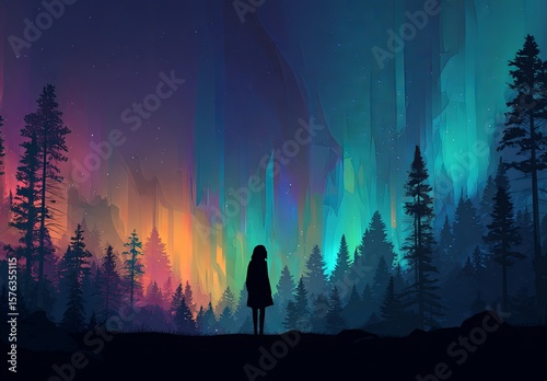 Silhouette of a girl standing in a colorful northern lights forest scene at night