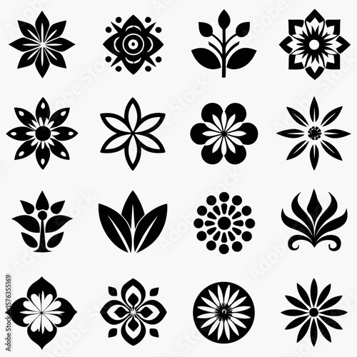 Collection of sixteen stylized black floral and botanical graphic design elements