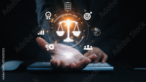 Fotografi Futuristic digital law interface displaying justice scale, highlighting digital law, AI compliance, digital law systems, and digital law regulations for secure governance
