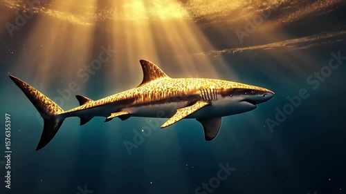 Shark glides through a magical underwater world filled with shimmering gold particles, Shark swimming through magical world filled with golden sparkles