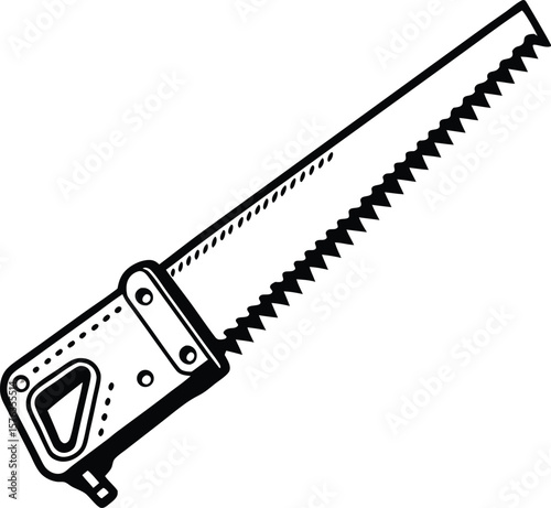 Detailed Line Drawing of a Hand Saw Illustration for Carpentry or Woodworking