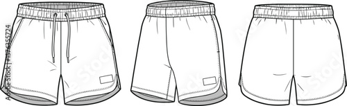 Unisex running shorts technical fashion drawing, front, side, and back views, blank activewear template with elastic waist and drawstring, vector illustration.