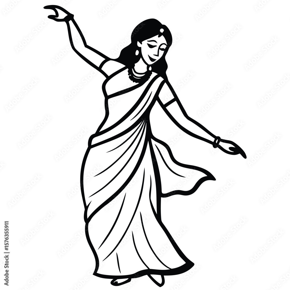 Fototapeta premium Elegant indian woman dancing gracefully in traditional sari silhouette