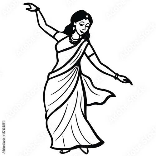 Elegant indian woman dancing gracefully in traditional sari silhouette
