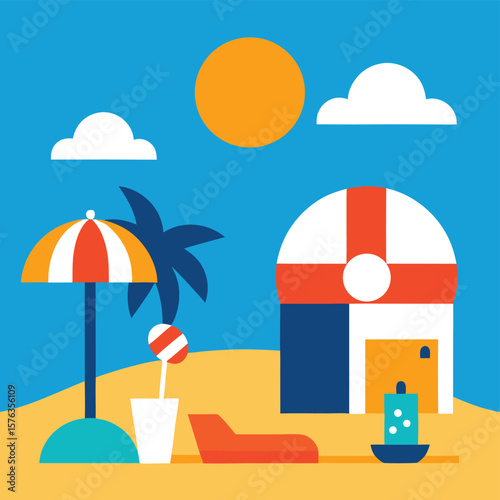 Tropical beach vacation scene with umbrella sun and cabana