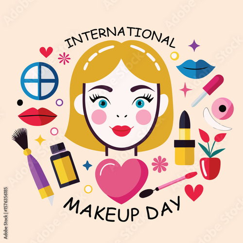 International Makeup Day with woman face and cosmetic items