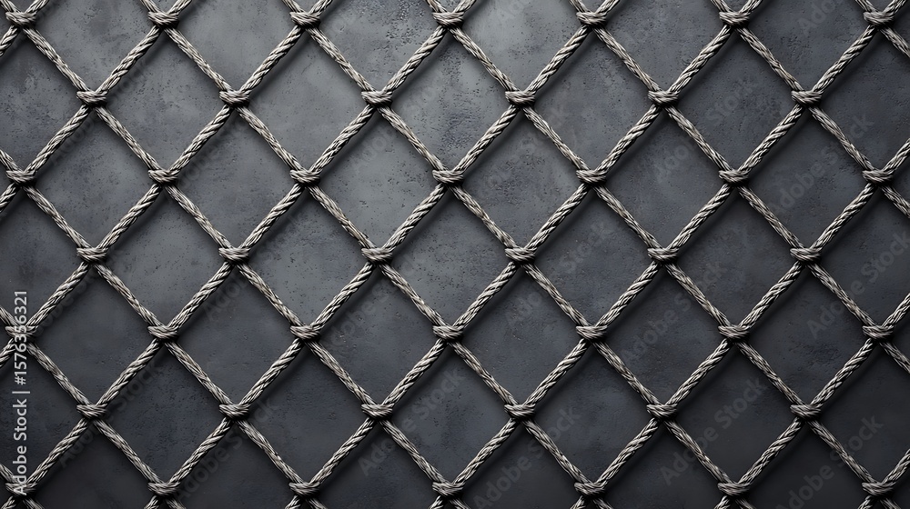 Fototapeta premium Close-up of a rope net with weathered texture, arranged in diamond-shaped patterns against a dark, rough background.