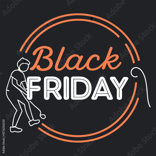 Black friday sale event with a golfer character and orange circular design