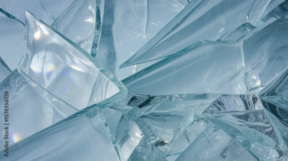Obraz premium Abstract close-up of frozen cracked glass or ice in light blue and silver, geometric shards reflecting light like prism