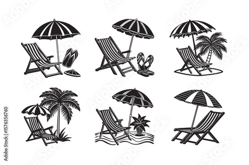 silhouette beach chair and umbrella  set bundle on the white background