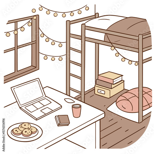 Illustration of a dorm room featuring a bunk bed, desk with laptop, cookies, and string lights decor