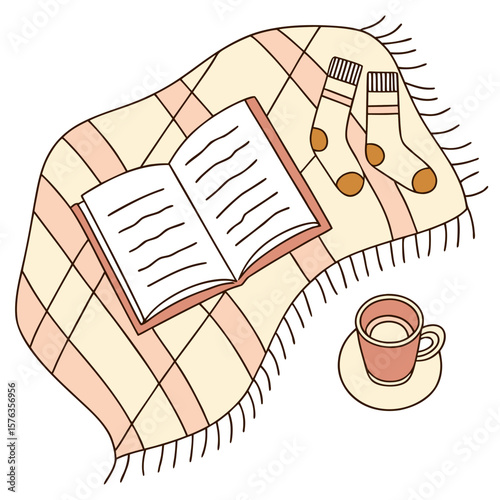Cozy scene with open book on plaid blanket next to socks and a warm cup of coffee illustration