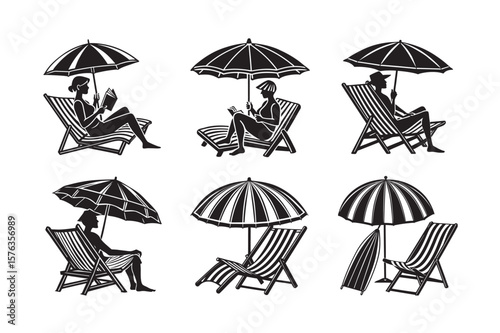 silhouette beach chair and umbrella under the man  set bundle on the white background