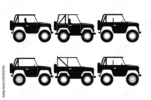 Off-Road Silhouette Fleet: A fleet of rugged off-road vehicles, rendered in sleek black silhouettes, showcases their sturdy design and adventurous spirit.