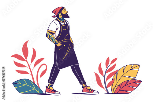 Modern Tattooed Man Stroll: A stylish illustration of a modern man with tattoos, a beard, and a bandana, confidently walking through stylized floral elements.