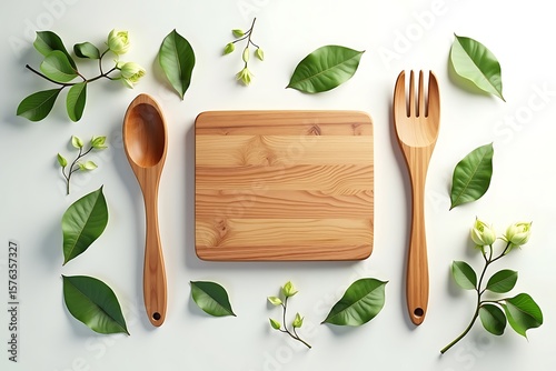 Wooden cutlery and plate set with green leaves on white background, natural theme