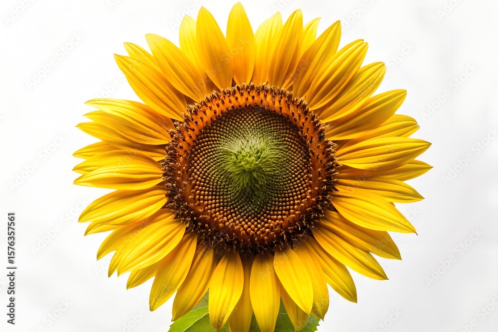 Fototapeta premium A vibrant yellow sunflower, isolated on a white background, displays its intricate center and bright petals