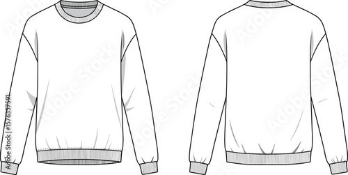 Minimalist white crew neck sweatshirt technical drawing, front and back view, blank long sleeve apparel template, vector illustration for casual fashion design.