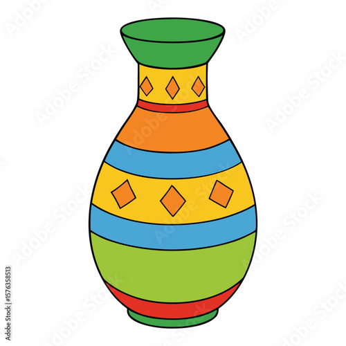 A vibrant colorful vase bursts with hues of red, blue, yellow, and green, adding a lively splash of art and elegance to any room with its eye-catching design.
