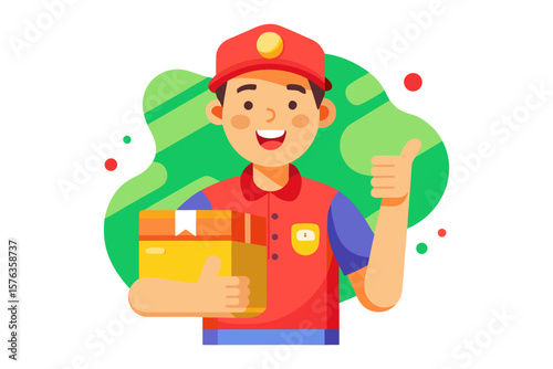 Delivery Excellence: A friendly delivery courier, radiating professionalism and reliability, strides forward, clutching a parcel to hand, ready to provide service