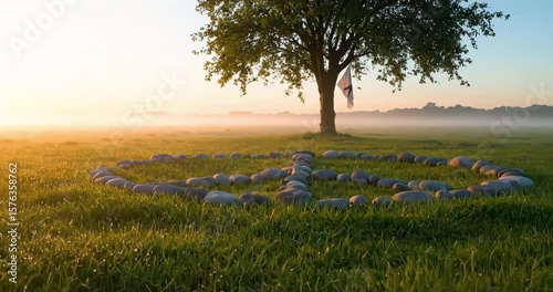 Dewy Grass and Foggy Meadow at Sunrise – Peace Day Outdoor Scene
