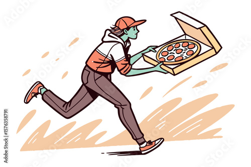 Swift Pizza Delivery: A speedy delivery person races to deliver a delicious pizza, embodying speed and efficiency. The artful illustration captures the excitement of hot food delivery.