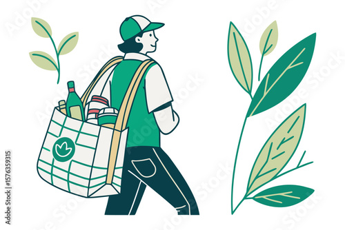 Delivery Service Illustration: An illustrated courier strides confidently, bearing a full shopping bag, symbolizing a convenient service and sustainable practices.  