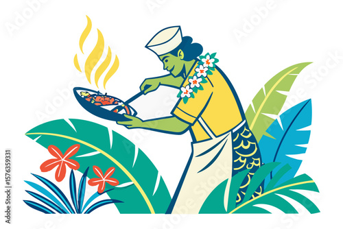 Culinary Canvas: A cook, expertly crafts a flavorful dish in a captivating illustration, highlighting culinary mastery and the art of food preparation.