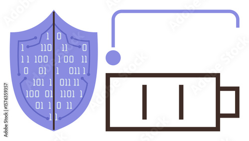 Binary-coded shield reflecting cybersecurity beside a minimal battery icon and network connector. Ideal for data protection, wireless technology, renewable energy, internet security, sustainable