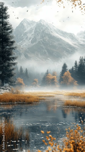 Scenic Mountain Landscape with Lake and Forest in Foggy Weather