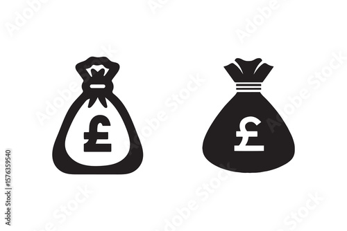 Two simple black and white icons representing bags of british pounds sterling currency