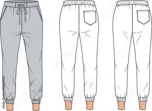 Unisex sweatpants technical fashion flat sketch, front and back views, blank joggers with elastic cuffs and drawstring waist, vector template for apparel design.
