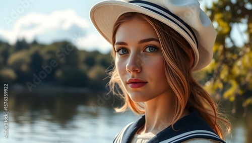Elegant young woman in sailor style outfit and white hat posing near lake with soft natural light