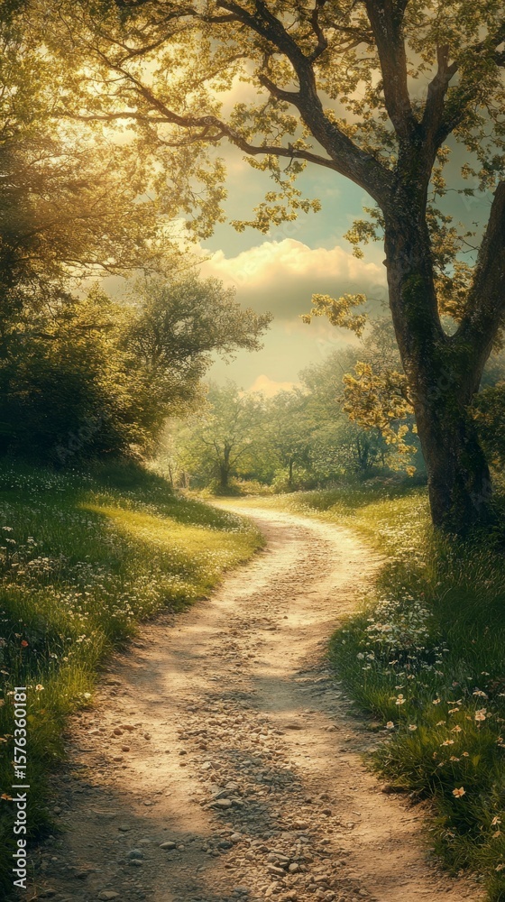 Obraz premium Walking a Winding Dirt Path Through a Sunny Forest