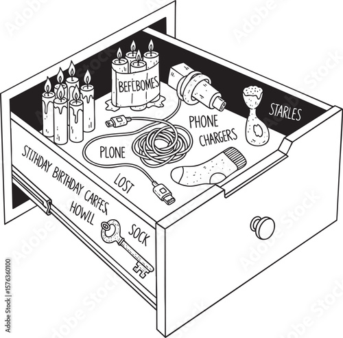 Cluttered Drawer Messy Storage Doodle Illustration
