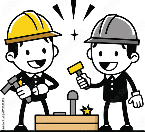 Two simple cartoonish stick figure workers collaborating or working together on a project