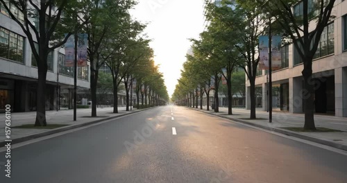 Empty City Street at Sunrise – Peaceful Urban Morning