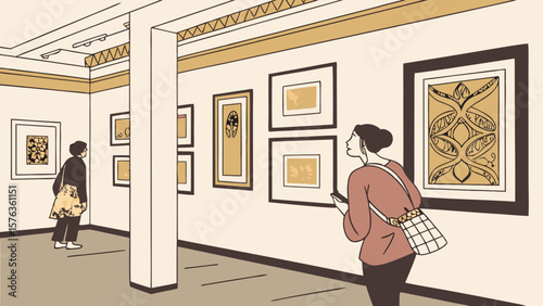 Art gallery exhibition with visitors looking at framed artwork and taking pictures of the art display show