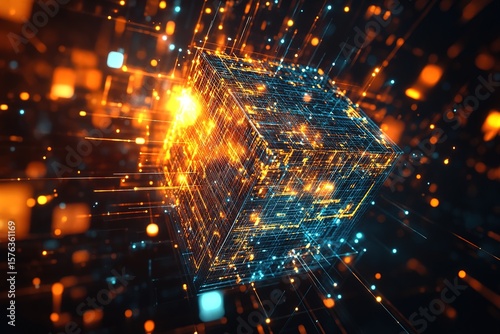 abstract digital explosion in a wireframe cube