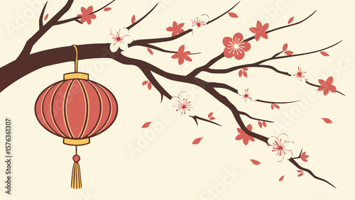 Chinese new year lantern cherry blossom branch oriental celebration asian festival traditional decoration art