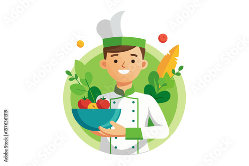 Chef's Culinary Creation: A skilled chef, adorned in a classic white uniform, presents a vibrant bowl of fresh ingredients, symbolizing the art of healthy and delicious cooking. 