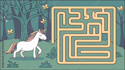Unicorn maze puzzle game for kids printable activity sheet with forest and butterflies background design